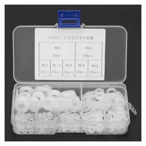 White Nylon Flat Washers And Spacer Kit For M2 Through M8 Hardware For Heavy Duty Joint Gasket Set Durable Plastic Washers To Prevent Leaks And Loosening Corrosion Resistant Aging Proof For Long Lasting Use, 350-piece storage box