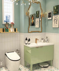 Brushed Gold Single Hole Bathroom Faucet With Pop Up Drain on modern vanity in stylish bathroom setting