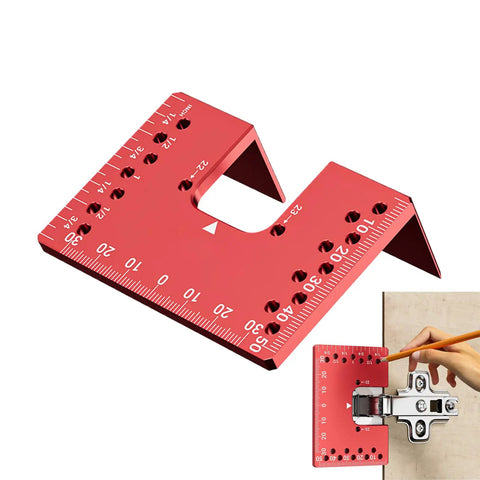 Magnetic Aluminum Cabinet Hinge Repair Plate Kit for precise door fix, red bracket with ruler markings for accurate drilling in DIY projects.