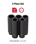 Extra Long Deep Impact Socket Set Half Inch Drive Five Piece SAE One Inch To One And Five Sixteenths Cr-Mo Alloy Steel Heavy Duty
