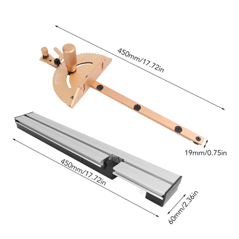 Heavy Duty Aluminum Miter Gauge With Integrated Track Stop And Etched Scale Ruler, dimensions 450mm x 60mm.