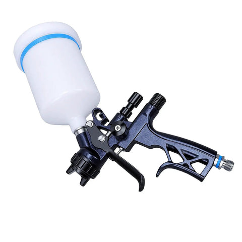 Heavy Duty HVLP Spray Gun Kit With 1.3Mm Nozzle And 600Ml Reusable Cup, side view with a white cup and dark blue body.