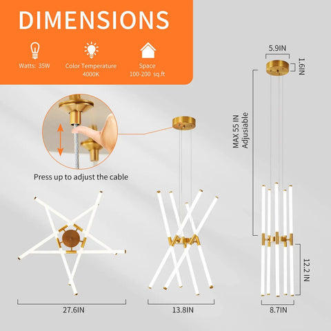 Dimensions and design of Modern Gold LED Chandelier, 10 Light Linear Art Deco Fixture For Dining Room, Living Room, And Bedroom, DIY Install, Warm White 4000K