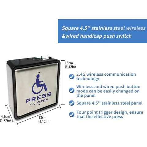 Wireless Swing Door Operator With Square Handicap Push Buttons And Built Tough Stainless Steel Electric Strike For Commercial Entrances, 4.5-inch stainless steel push switch.