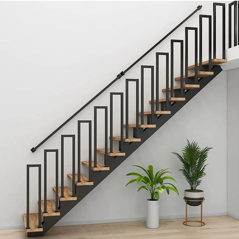 Beefy Black Iron Stair Hand Rail 3Ft Wall Mount Industrial Grade Railing Pipe For Indoor Stairs Outdoor Deck Porch 500 Lb Capacity Non Slip And Rust Resistant Easy Install visible on a staircase.