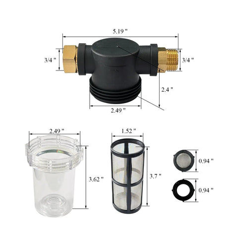 Two Pack 100 Mesh Water Pump Filter With Three Quarter Inch Quick Connect Interface And Dual Stainless Steel Screens shown in parts