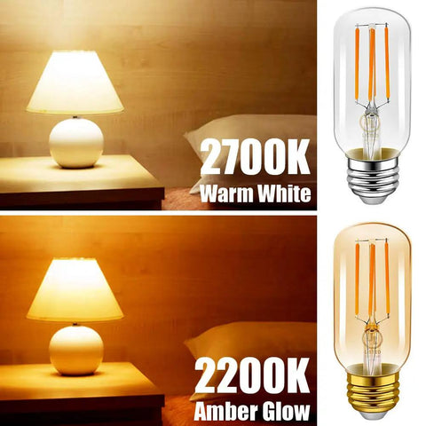 Dimmable Vintage Edison Style LED Tubular Bulbs, E26 Medium Base, warm white 2700K, 2200K amber glow comparison