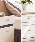 Four Pack Glass Cabinet Knobs And Pulls With Oval Champagne Crystal Knobs On Satin Brass Brushed Gold Base For Dresser Wardrobe And Cabinet Drawers Easy Install With Three Screw Options installed on white drawers.