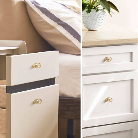 Four Pack Glass Cabinet Knobs And Pulls With Oval Champagne Crystal Knobs On Satin Brass Brushed Gold Base For Dresser Wardrobe And Cabinet Drawers Easy Install With Three Screw Options installed on white drawers.