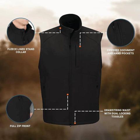 Men's Heavy Duty Softshell Vest With Smooth Four Way Stretch And Plush Fleece Lining designed with zippered pockets and drawstring waist.