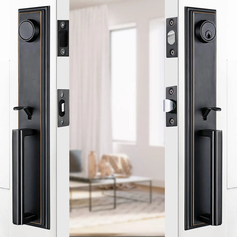 Heavy Duty Double Door Lever Lock Set With Two Keyed Alike Cylinders And Single Cylinder Deadbolt, oil rubbed bronze finish