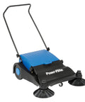 Pro Grade 32 Inch Manual Push Sweeper Featuring Dual Adjustable Brooms And Rigid All Plastic Housing For Swift Driveway Clearing And No Sweat Yard Debris Cleanup Folds Upright, blue and black design.