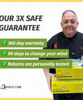 Person holding vacuum sealer rolls with text overlay stating 360 day warranty and return guarantees.