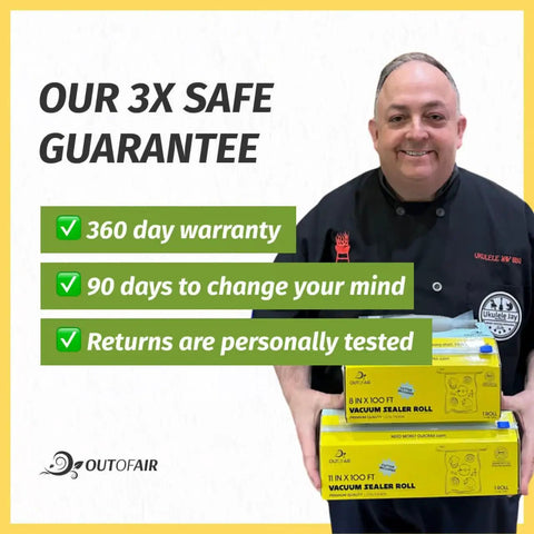 Person holding vacuum sealer rolls with text overlay stating 360 day warranty and return guarantees.
