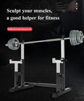 Versatile Barbell Rack For Home Gym, heavy duty squat stand with weights loaded, adjustable height and width, gym background.
