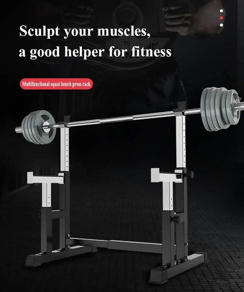Versatile Barbell Rack For Home Gym, heavy duty squat stand with weights loaded, adjustable height and width, gym background.
