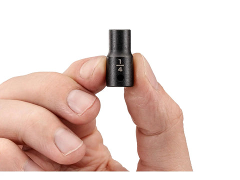 Hand holding 1/4 Inch Drive Shallow 12 Point Impact Socket With Dual Size Markings And Full Length Interior Well For Maximum Fastener Grip