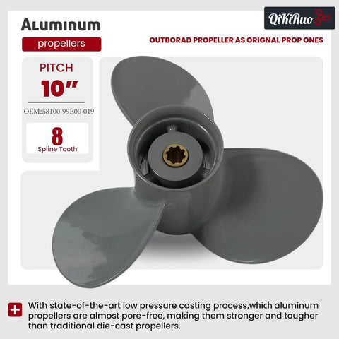 Beefy Aluminum Boat Propeller Nine And A Quarter By Ten Inch And Nine And A Quarter By Eight Inch For Honda Outboard Motors 9.9 15 20HP Eight Tooth Right Hand Rotation OEM 58130 ZV4 010AH, 10-inch pitch, 8 spline teeth in gray.