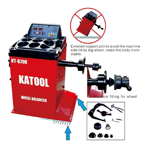 Industrial Grade Tire Changer And Wheel Balancer Combo With Two Horsepower Bead Blaster And Hardened Alloy Steel Jaws. Side view of red wheel balancer machine.
