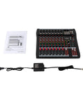8-Channel Bluetooth Audio Mixer Console Pro USB DJ Mixing Board with power adapter and manual for live sound and recording