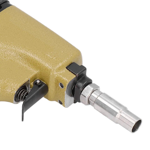 Close-up of Pneumatic Decorative Nailer For Trim And Finish, air powered thumbtack pin tool, aluminum alloy shell, Model 1170 muzzle