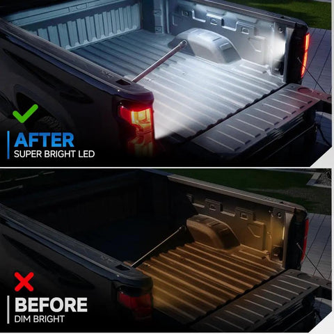 LED Truck Bed Light For Chevy Silverado And GMC Sierra 2019 To 2026 White Rear Cargo Area Lamp OEM Replacement before and after installation
