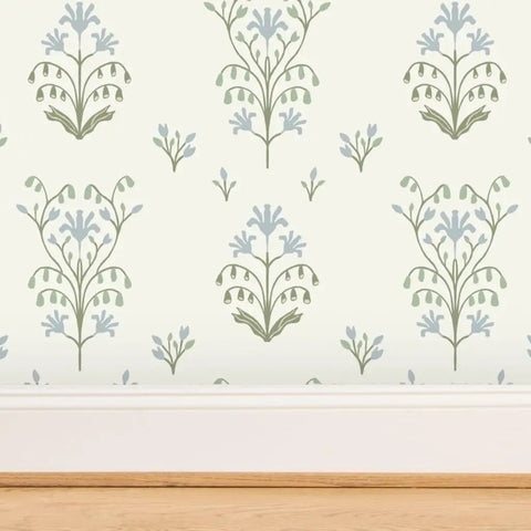 Premium Floral Meadow Wallcovering With A Subtle Matte Linen Texture Hits Different Across Every Room Built Tough For Busy Households Featuring No Sweat Paste To Paper Install showing blue floral pattern on light background.