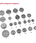Assorted 22-piece magnetic adapters for Pneumatic Brake Caliper Compression Tool Kit laid out on a white surface.
