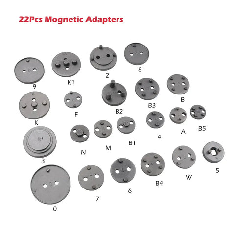 Assorted 22-piece magnetic adapters for Pneumatic Brake Caliper Compression Tool Kit laid out on a white surface.