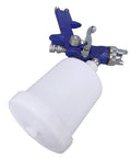 Top Tier Gravity Feed Hvlp Spray Gun With Six Hundred Cc Cup, featuring a blue aluminum body and white cup, ideal for painting projects.