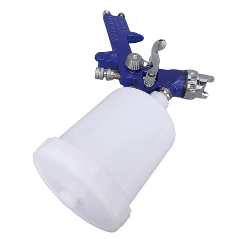 Top Tier Gravity Feed Hvlp Spray Gun With Six Hundred Cc Cup, featuring a blue aluminum body and white cup, ideal for painting projects.