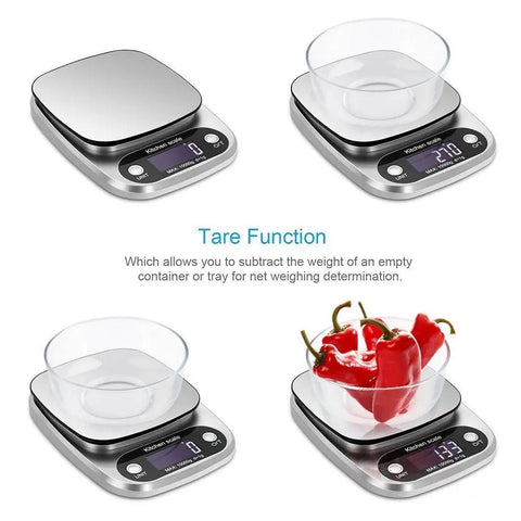 Digital Kitchen Scale With 22 Pound Capacity, Pro Grade Precision In Grams, Kilograms, Pounds, Ounces, Fluid Ounces And Milliliters, Easy Tare Function For Accurate Cooking And Baking, shown with tare function and vegetables