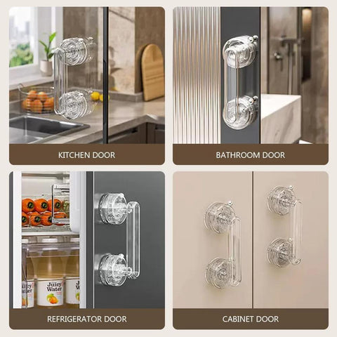 2 Pack Suction Cup Door Handles on kitchen, bathroom, refrigerator, and cabinet doors showing punch-free waterproof install