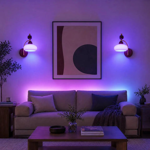 2 Pack Rechargeable Vintage Wooden Wall Sconces RGB Battery Operated Lights illuminating a cozy living room with modern decor.