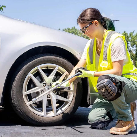 Person wearing Lightweight Gel Knee Pads With Slip Resistant Caps And Adjustable Straps For Construction Work on knees
