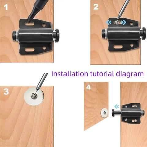 Installation steps of Magnetic Touch Latches For Cabinets And Drawers, showing screw alignment and latch attachment to wood surface.