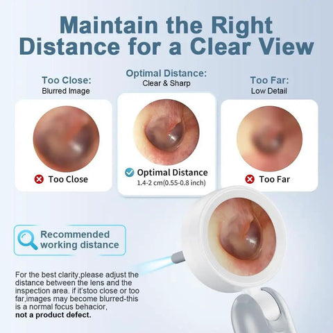 Otoscope Ear Camera With Light And Built In One Point Four Inch HD Screen Plug And Play Ear Scope For Quick No Fuss Home Checks 1080P Clarity USB PC Compatible No Apps Needed For Viewing showing recommended working distance for clear ear images