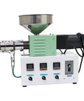 Badass Single Screw Extruder Desktop Machine for Custom 3D Printer Filament Production with precision heating and stainless funnel.