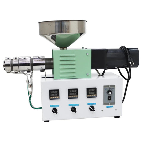 Badass Single Screw Extruder Desktop Machine for Custom 3D Printer Filament Production with precision heating and stainless funnel.