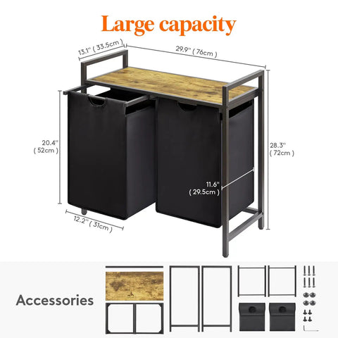 95L Double Section Laundry Hamper With Easy Pullout Compartments, Large Top Shelf And Removable Laundry Bags, Sturdy Black