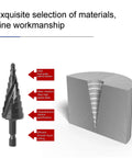 Stepped drill bit with hex shank; front view, 10-step 4–22 mm, high-speed steel, shown beside a metal block.