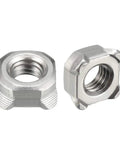 Top Shelf M8 Square Weld Nuts Carbon Steel UNC Coarse Threads Heavy Duty Fasteners Silver Plated view of two square weld nuts.