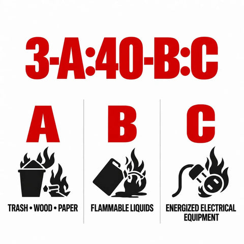 3A 40BC rating for Tough As Nails ABC Dry Chemical Fire Extinguisher showing types of fires: trash, flammable liquids, electrical.