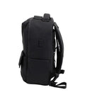 Side view of Smell Proof Executive Tech Adventure Backpack Hits Different With A Secret Combo Lock And Usb C Pass Through Port For Your Fifteen Inch Laptop In Clean Titanium Black Finish.