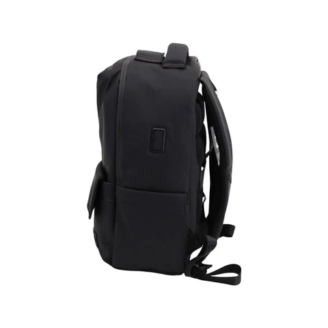 Side view of Smell Proof Executive Tech Adventure Backpack Hits Different With A Secret Combo Lock And Usb C Pass Through Port For Your Fifteen Inch Laptop In Clean Titanium Black Finish.