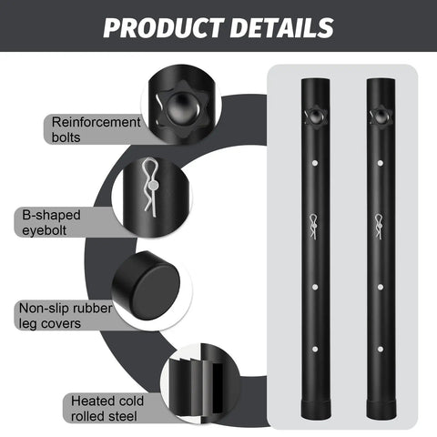 Four Pack Heavy Duty Steel Table Leg Extenders With Quick Adjust Risers For Folding Tables showing reinforcement bolts and rubber covers.