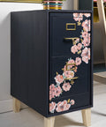 Black cabinet with floral decoupage design on drawers, showcasing the use of All In One Glue Sealer Finish Clear Gloss For Wood Paper Fabric And More, Quick Dry Non Toxic Craft Solution, 32 Oz Bottle, Easy Clean, Decoupage Friendly Gloss Finish Made In USA.