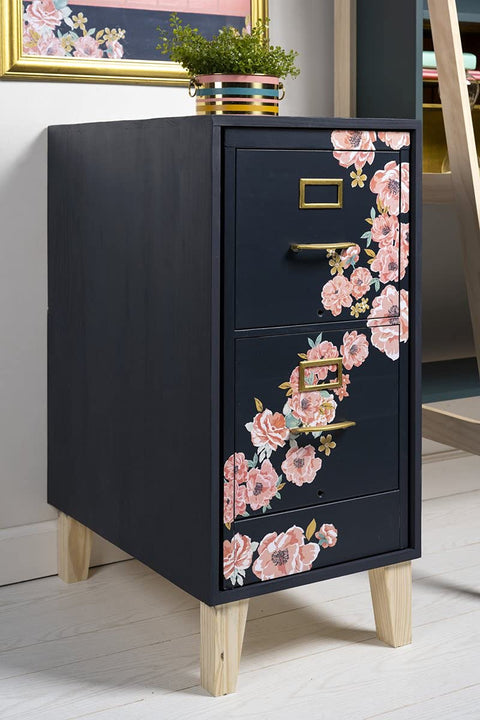 Black cabinet with floral decoupage design on drawers, showcasing the use of All In One Glue Sealer Finish Clear Gloss For Wood Paper Fabric And More, Quick Dry Non Toxic Craft Solution, 32 Oz Bottle, Easy Clean, Decoupage Friendly Gloss Finish Made In USA.