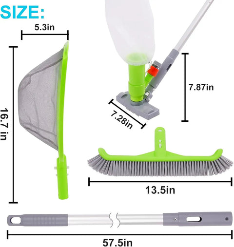 Deluxe Pool Cleaning Kit With Spa Jet Vacuum And Thirteen Point Five Inch Brush Semi Deep Skimmer Net And Fifty Seven Point Five Inch Adjustable Pole For Above Ground And Inflatable Pools No Fuss Quick Debris Cleanup