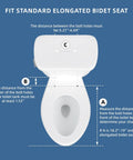 White Elongated Bidet Toilet Seat With Soft Close Lid Dual Front Wash Nozzles Adjustable Pressure Dial dimensions for standard fit.